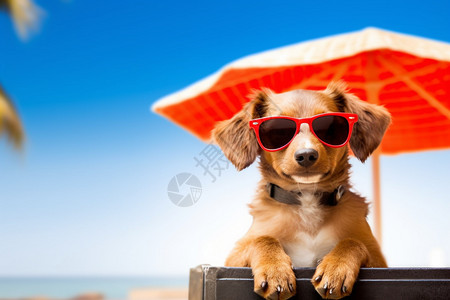 伞下狗狗夏季度假海滩上的狗狗背景