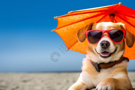 伞下狗狗度假海滩上的狗狗背景