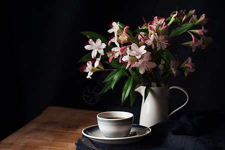 餐桌上的插花与咖啡图片