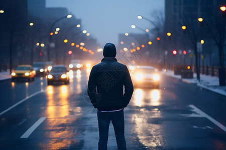 男子站在道路上的背影图片