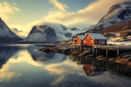 挪威小木屋看日出图片