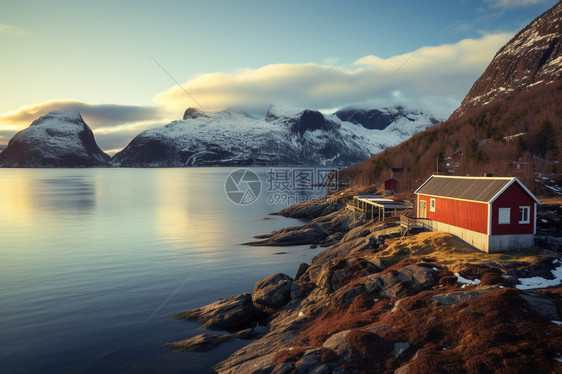 冬季海边的度假小屋图片