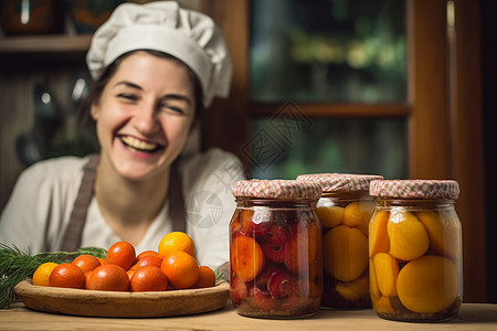 自制罐装水果后的女厨师图片