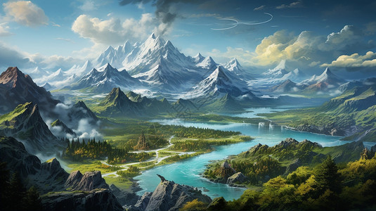 2.5D游戏的河流山脉图背景图片