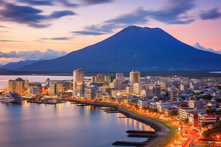 日本鹿儿岛日暮下的沿海城市背景