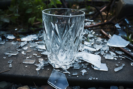立在碎玻璃中的杯子图片
