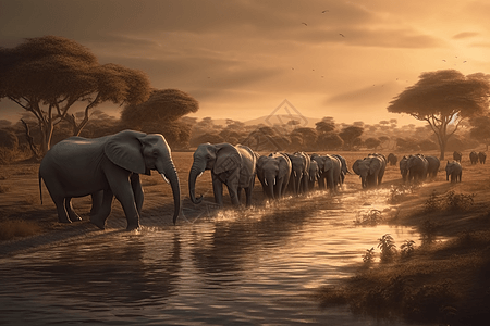 大象们排队过河的景象图片
