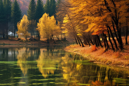 宁静的湖边枫树林风景图片