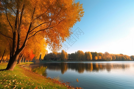 秋天的树林和湖面图片