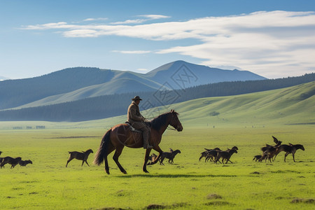 牧民骑马在草原上奔跑高清图片