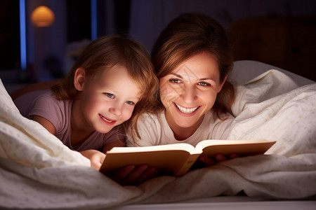 女儿和妈妈亲子阅读背景图片