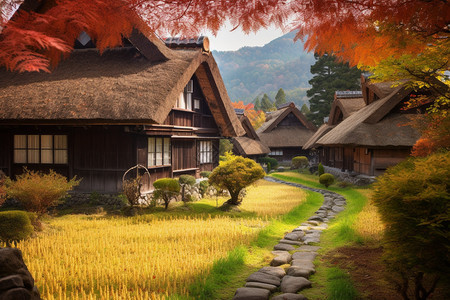 秋天农村建筑的自然景观图片