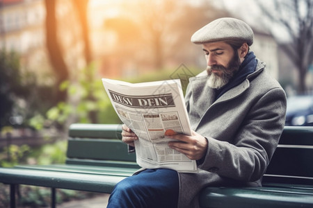 坐在长椅上看报纸的男人图片