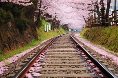 有樱花的铁路路线图片