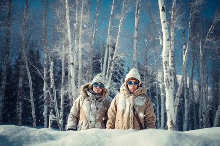 夫妇在雪松中图片