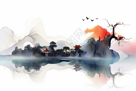 水墨风景画创意水彩风景画高清图片