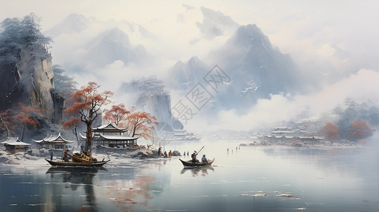 复古山水画风景图片