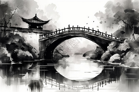 历史古代拱桥水墨画图片