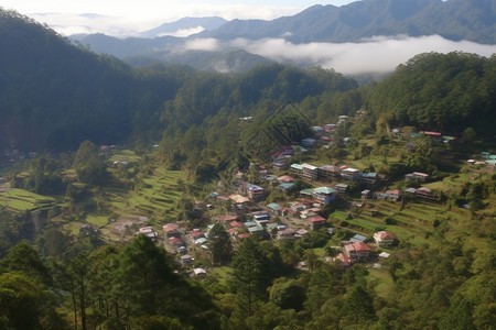 崇山峻岭下的村庄图片