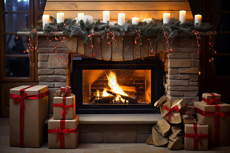 壁炉旁的圣诞节礼物背景图片