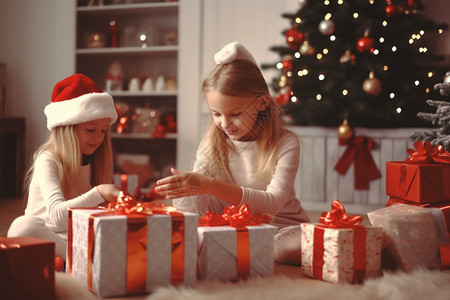 女孩在家打开圣诞礼物图片