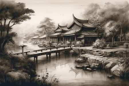 中式花园与池塘图片