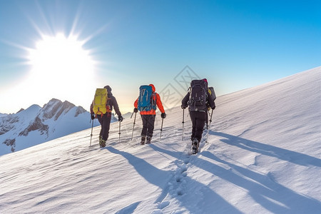 雪山中的登山队伍高清图片