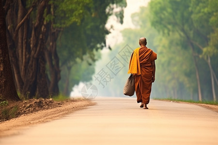 徒步的僧人徒步道路高清图片