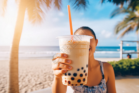 冰镇奶茶女孩拿着奶茶背景