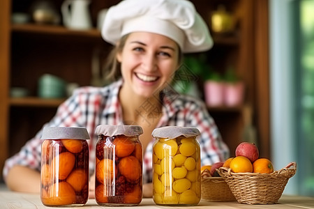 开朗的女厨师专注于自制罐装水果图片