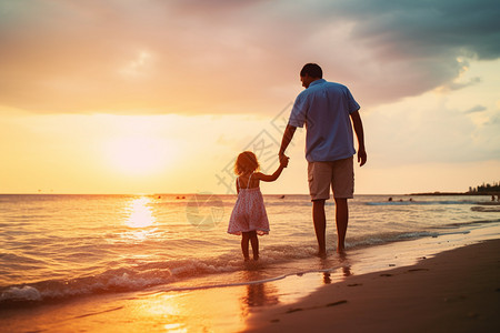 海滩上的父亲和女儿高清图片