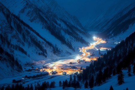 冬天雪中村庄山脉中村庄的建筑背景