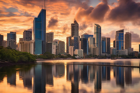 河边景观都市湖边的日出背景