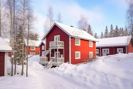冬季雪地中的住宅图片