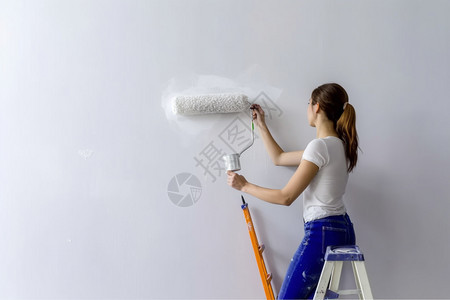 用滚动辊粉刷墙壁的女人图片