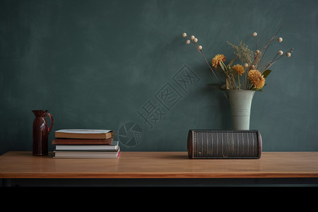 木板桌子上的书籍背景图片