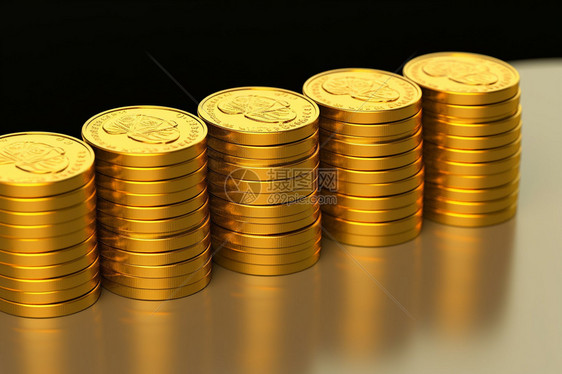 五摞金币在桌子上图片