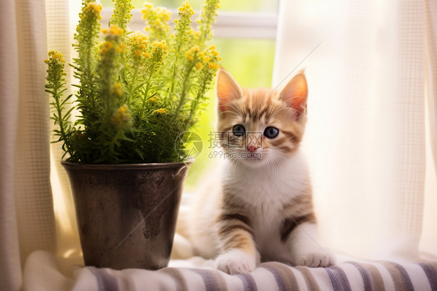 绿植旁的小猫咪图片
