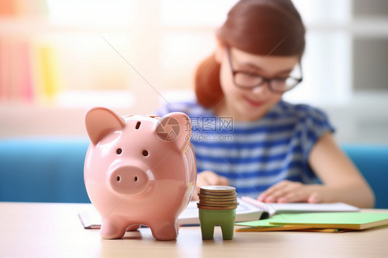 学习的女孩和小猪存钱罐图片