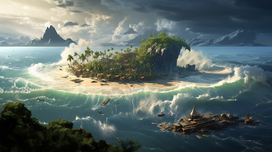 海啸包围孤岛背景图片