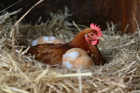 稻草窝里的母鸡图片