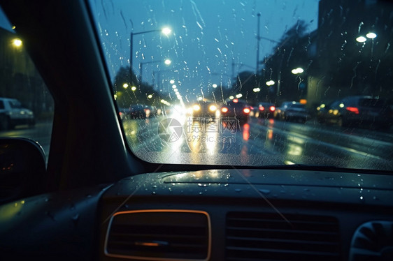 夜晚下雨时驾驶的汽车视觉图片