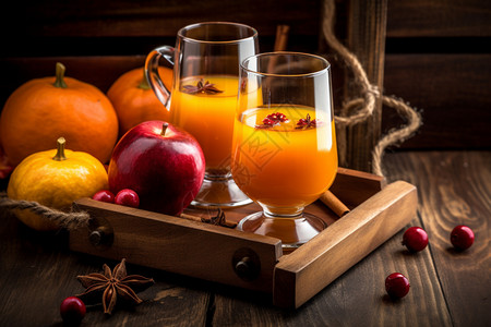 万圣节鸡尾酒桌面上摆放着水果和饮料背景