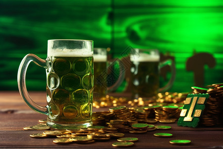 桌面上的硬币和啤酒杯背景图片