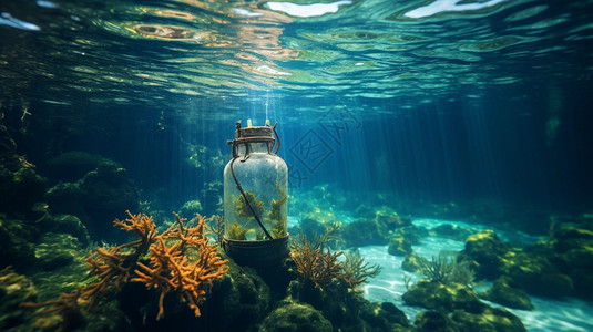 海洋植物海草海底的玻璃瓶背景