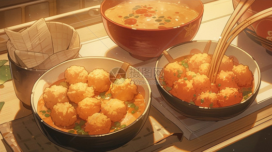 餐桌上放着两个咖喱球美食图片