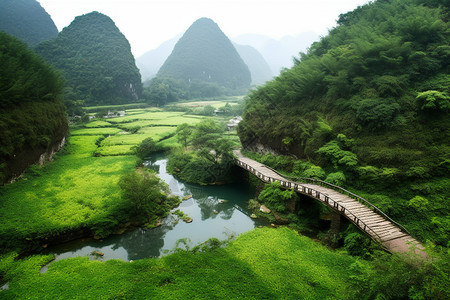 植被茂盛的山林湖泊图片