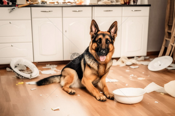 杂乱无章厨房中的德国牧羊犬图片