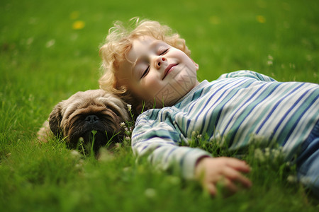 小男孩惬意地躺在草地上图片