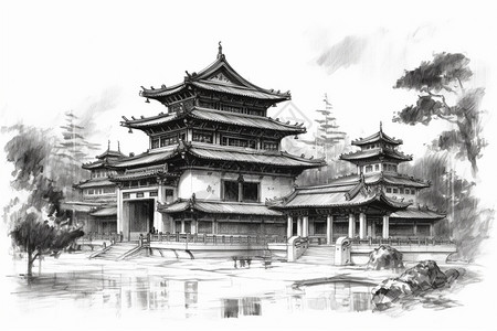 高清古画素描风格的中国传统建筑插画